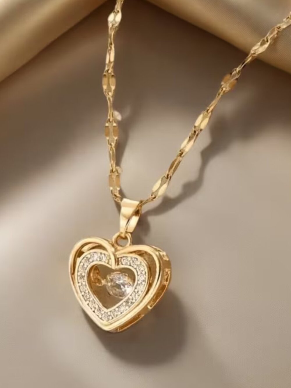 Double Heart Double Movement Necklace CZ 18K Gold-Plated Stainless Steel NWT
